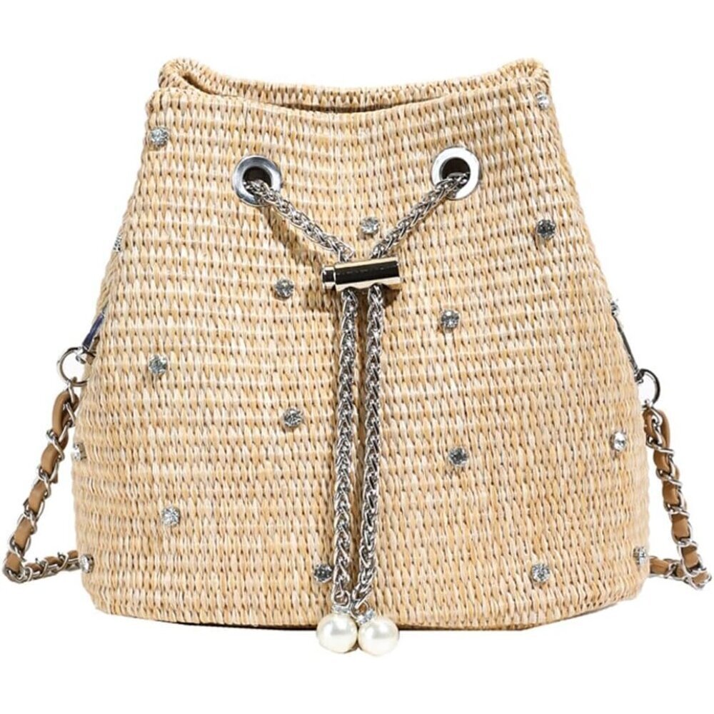 Women Pearl Straw Bucket Purse Beaded Rhinestone Crossbody Beach Bag